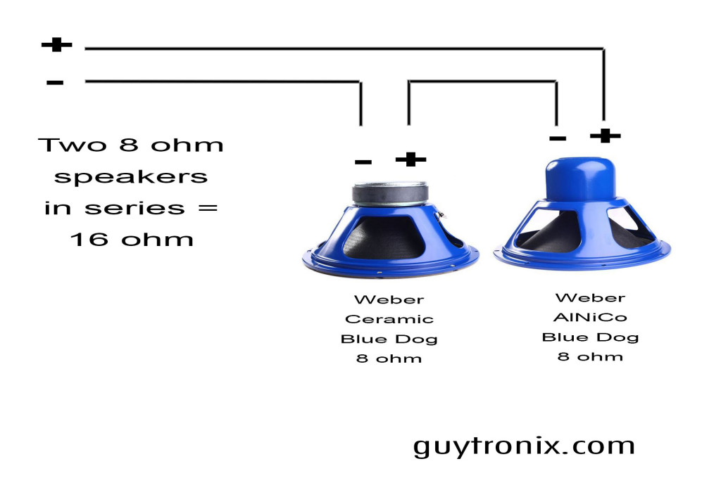 Wiring Diagram example for Two 12" Speakers - Weber 8 ohm Ceramic Blue Dog & Weber 8 ohm AlNiCo Blue Dog wired in series for 16 ohm load. Excellent match for the Gilmore Jr!